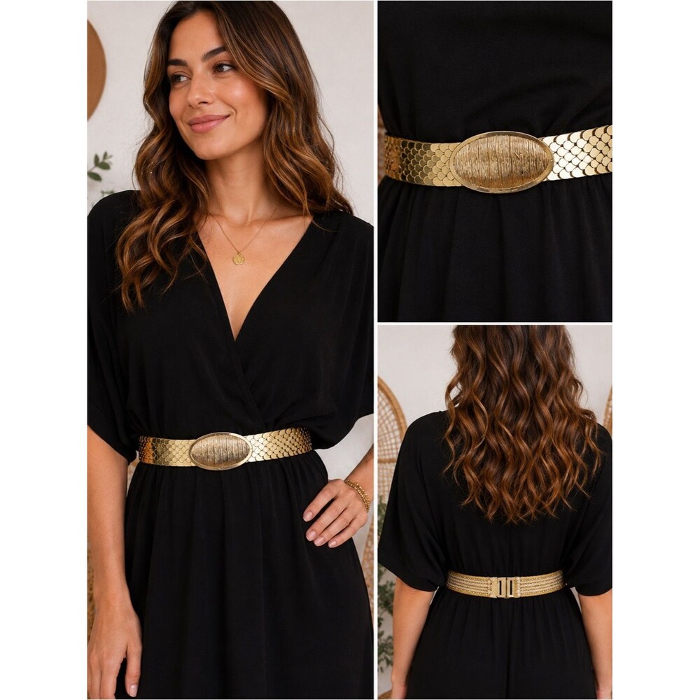 Vintage Gold Scale Stretch Belt Metallic Disc Belt Boho Glam Retro Waist Belt